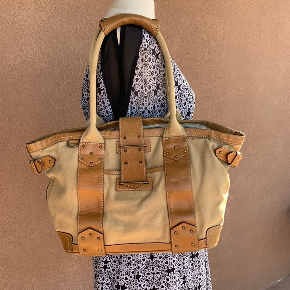 J. Crew Handbags - Vintage J-Crew Brown Leather Tan canvas Hand Bag